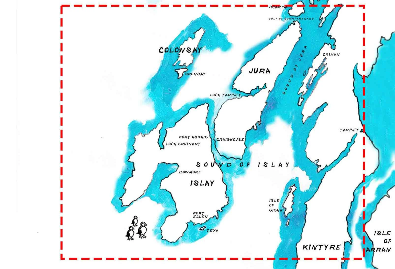 Map of Scotland including islands such as the Isle of Gigha, Isle of Kintyre, Isle of Arran, and locations like the Sound of Jura, Loch Lomond, and the city of Glasgow.