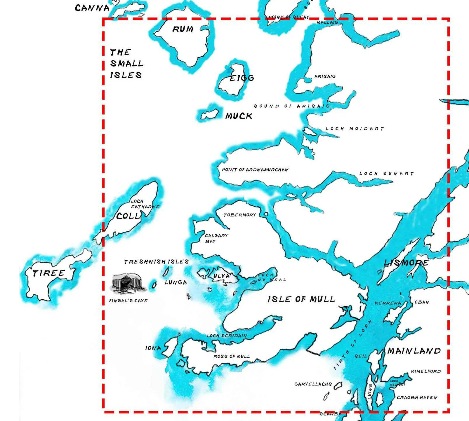 Map of a series of islands labeled with place names, including Canna, Rum, Eigg, Muck, Coll, Tiree, Isle of Mull, and others, with water bodies and points of interest marked on the map.