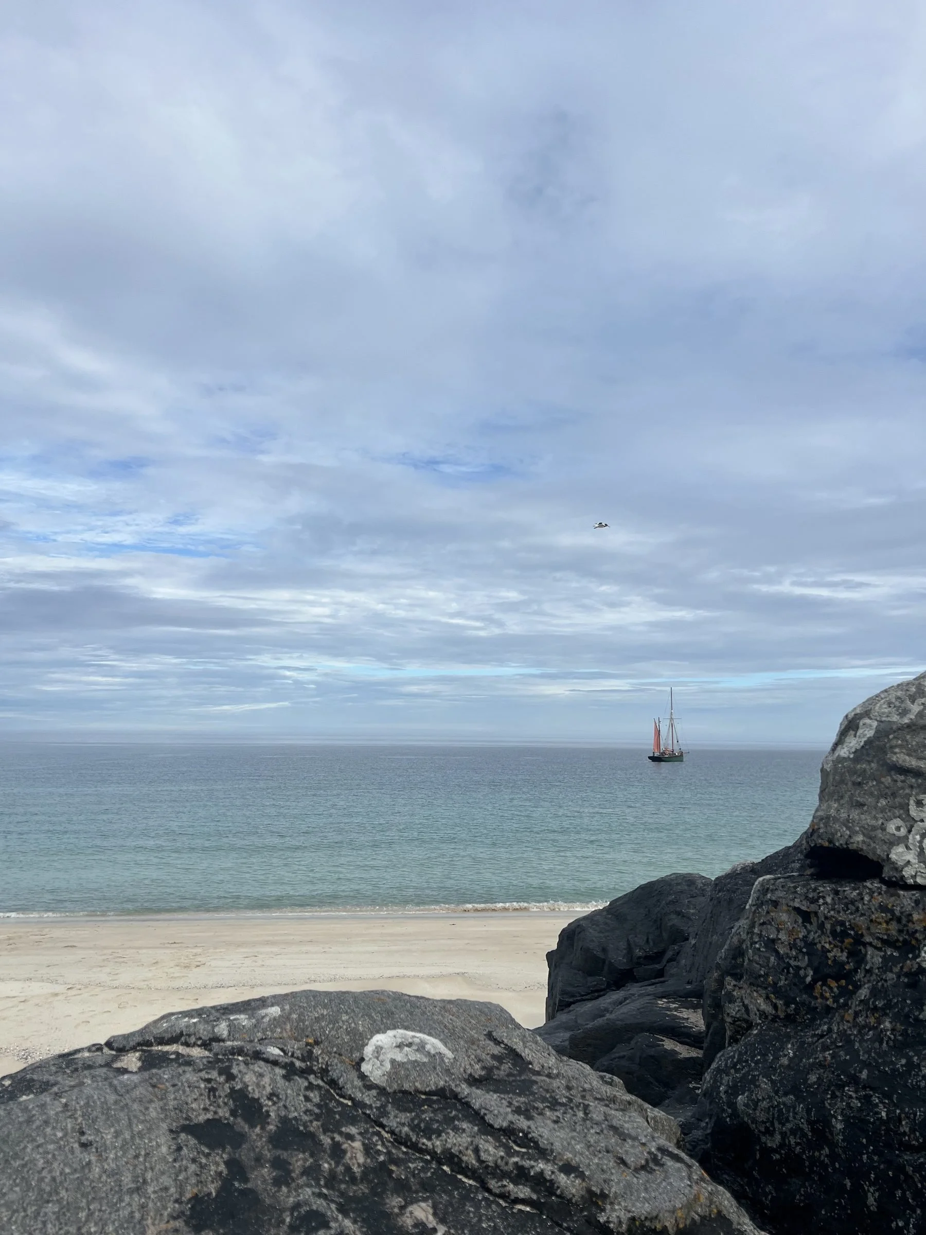 Rocky shoreline with calm ocean waters, a sailboat with red sails in the distance, and a cloudy sky above.