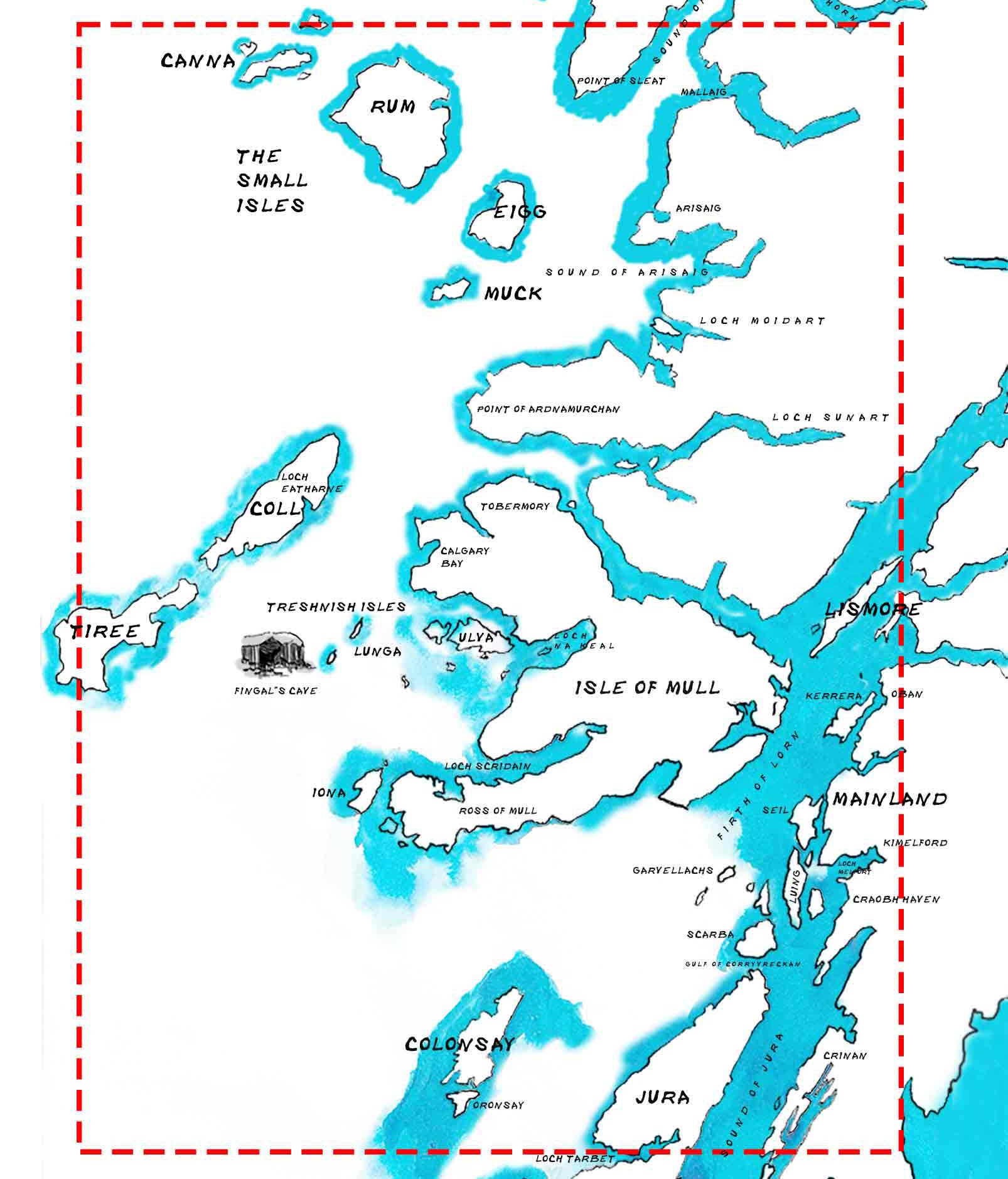 A map of the Scottish Highlands and surrounding islands with labels for various lochs, islands, and geographic features, including the Small Isles, Isle of Mull, and Isle of Skye, surrounded by blue water.