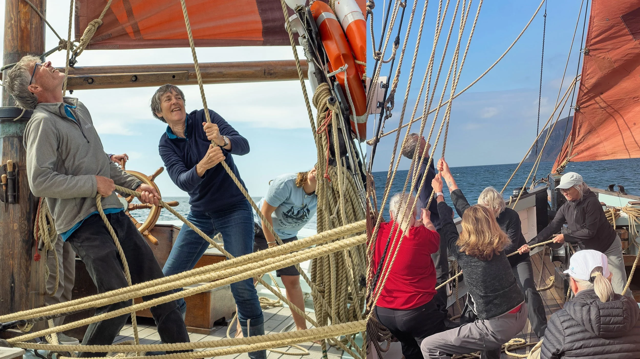 People working together to raise the ship's sails on a wooden sailboat at sea.