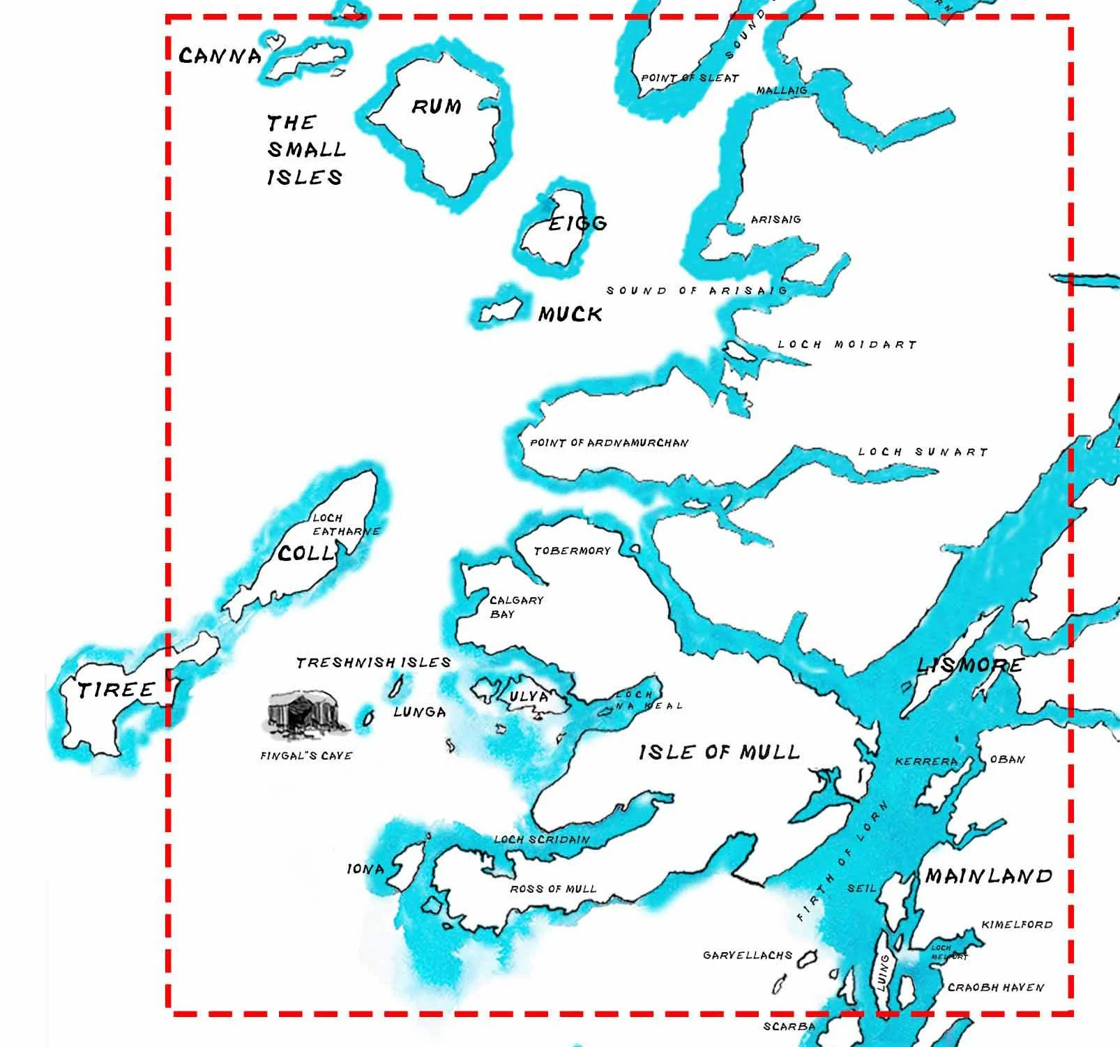 Map of the Orkney Islands, highlighting various locations such as Canna, Rum, Eigg, Muck, Coll, Tiree, and the Isle of Mull, surrounded by blue water bodies with labels for points of interest and geographical features.