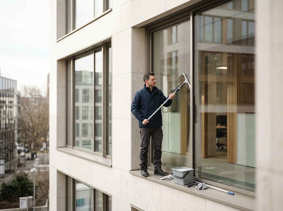 Mann reinigt Fenster eines modernen Gebäudes mit einem Fensterwischer. Im Hintergrund sind weitere moderne Gebäude und Bäume sichtbar.
