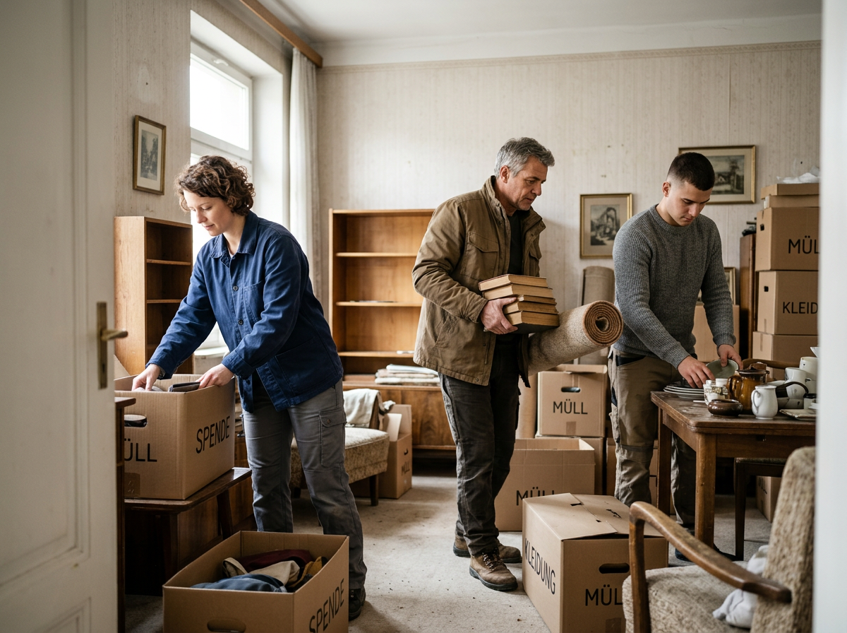 Drei Menschen packen Gegenstände in Umzugskartons in einem Wohnzimmer, das mit Kartons aus Recyclingmaterial und einigen Möbeln gefüllt ist.