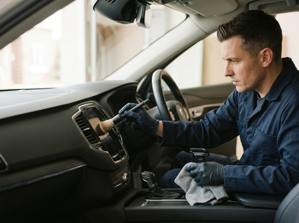 Mann im Auto, der die Armaturenbrett-Reiniger auf das Armaturenbrett aufträgt mit einem Pinsel, während er eine Reinigungshandschuh trägt und eine Mikrofasertuch in der Hand hält.