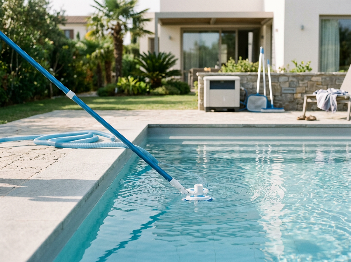 Poolreinigungsgerät im Wasser, Pool im Garten, Haus im Hintergrund, Außenbereich mit Pflanzen, Reinigungszubehör auf dem Boden