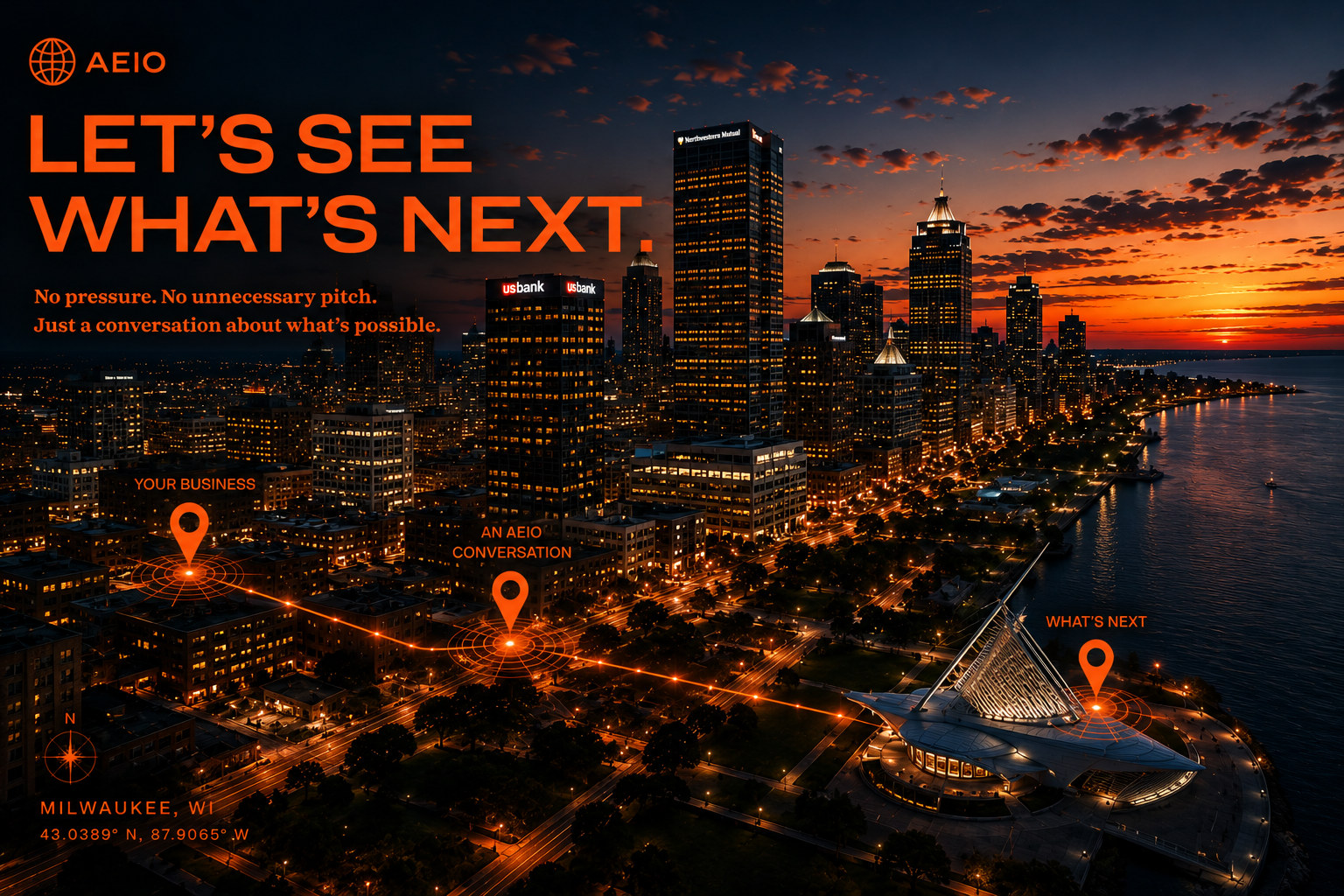 A city skyline at sunset with tall buildings and water on the right, overlaid with orange text and markers for a business conversation in Milwaukee, Wisconsin.