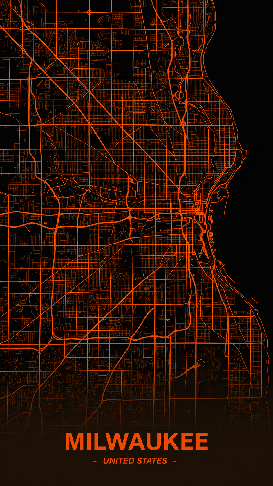 A stylized map of Milwaukee, United States, with orange highlighted streets on a black background, and the text "Milwaukee United States" at the bottom.