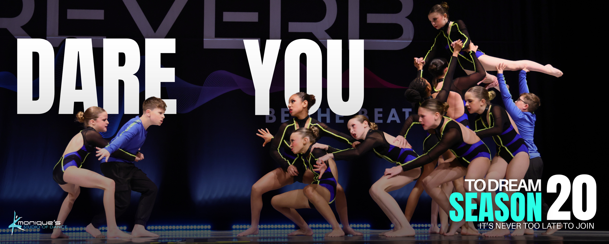 Group of young dancers in black and blue costumes performing a routine on stage at a dance competition, with overlay text reading 'Dare You' and 'To Dream Season 20'.