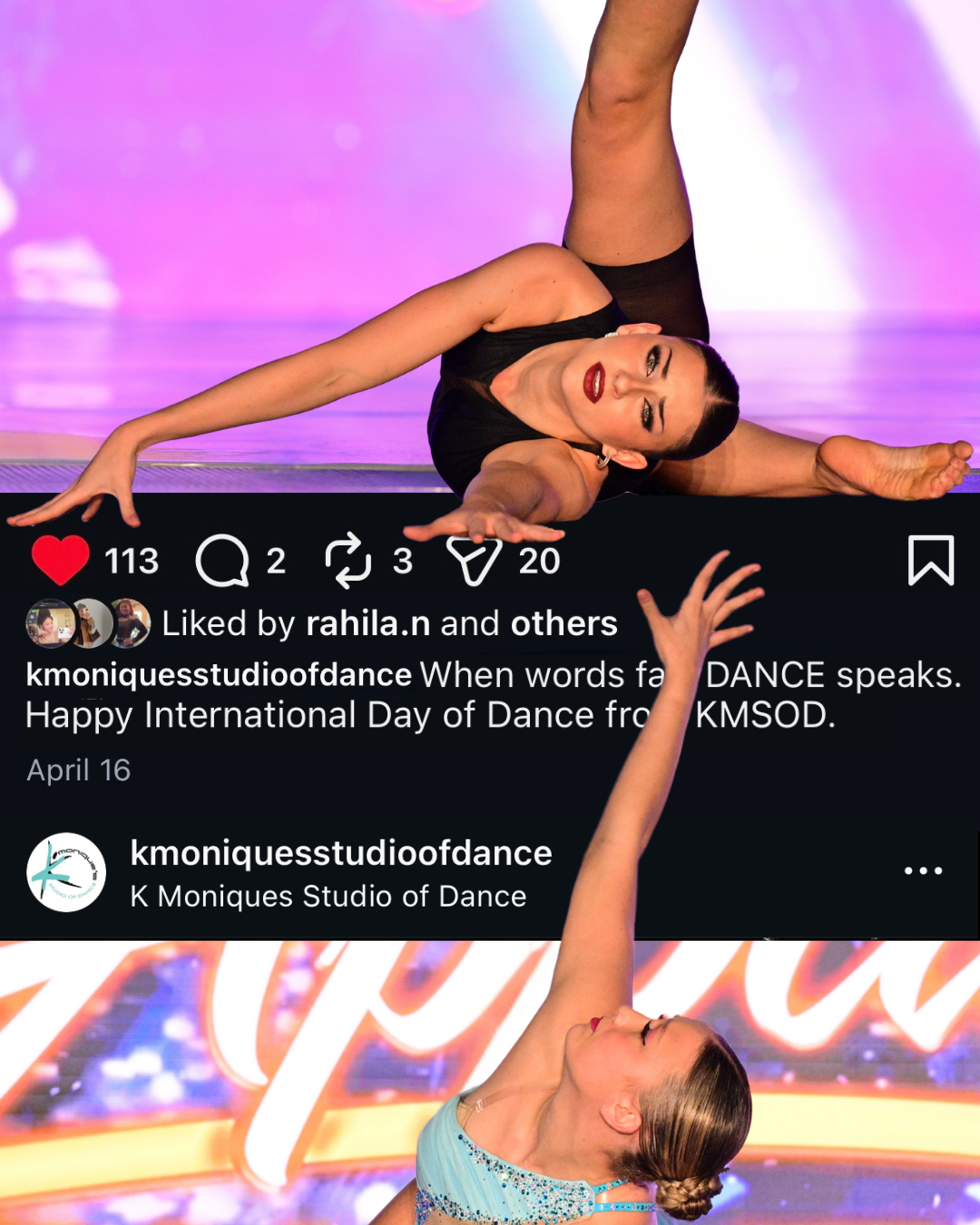 A dancer performing a dance pose on stage, lying on her side with one arm extended and one leg raised. The background is colorful and illuminated, with another dancer in the foreground reaching upward.