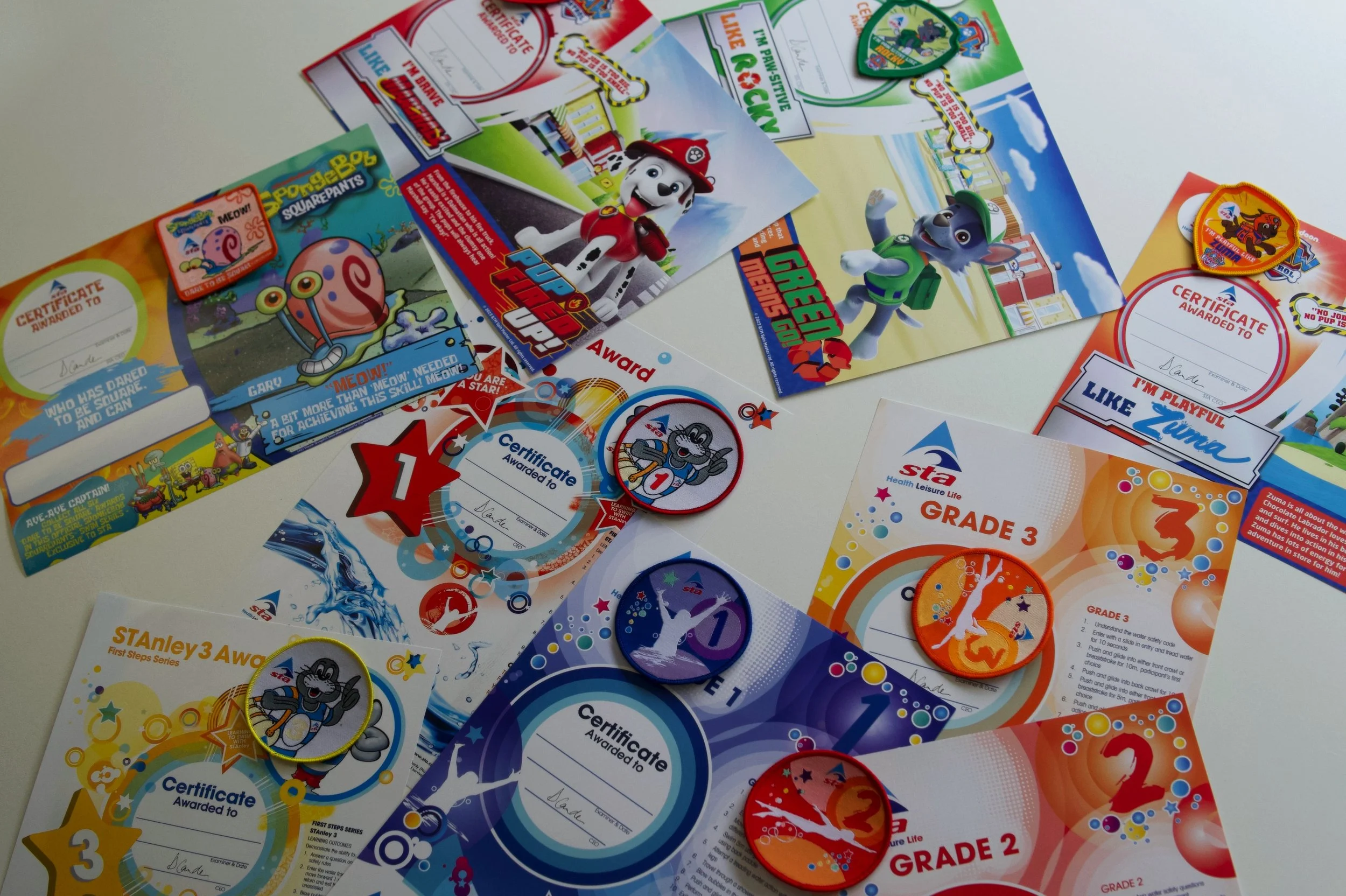 Collection of colorful certificates, badges, and stickers related to children's activities and achievements, featuring characters from children's TV shows like Paw Patrol and SpongeBob SquarePants.