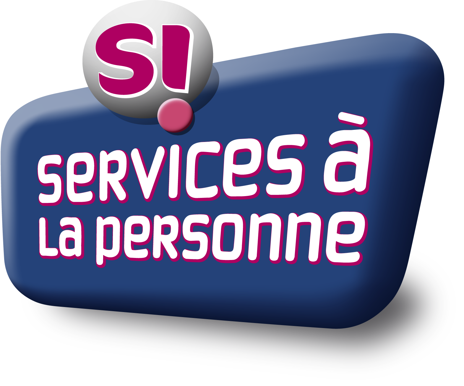 Image d'un logo avec le texte 'SI ! SERVICES À LA PERSONNE' en lettres blanches avec contours roses sur un fond bleu foncé, avec un symbole en forme de bulle avec 'SI !' en lettres roses dans un cercle gris.