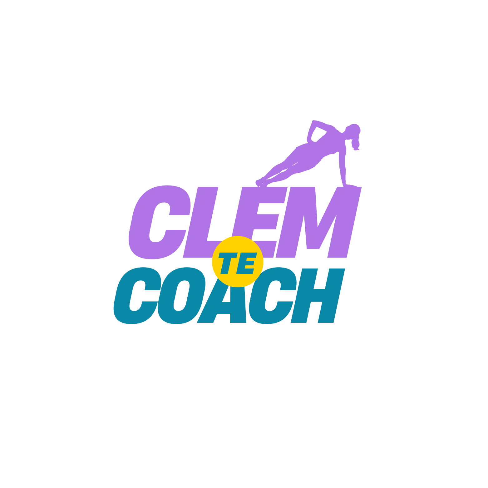 Logo avec un dessin de femme en position de gainage, en violet, avec le texte 'CLÉM TE COACH' en différentes couleurs et tailles.
