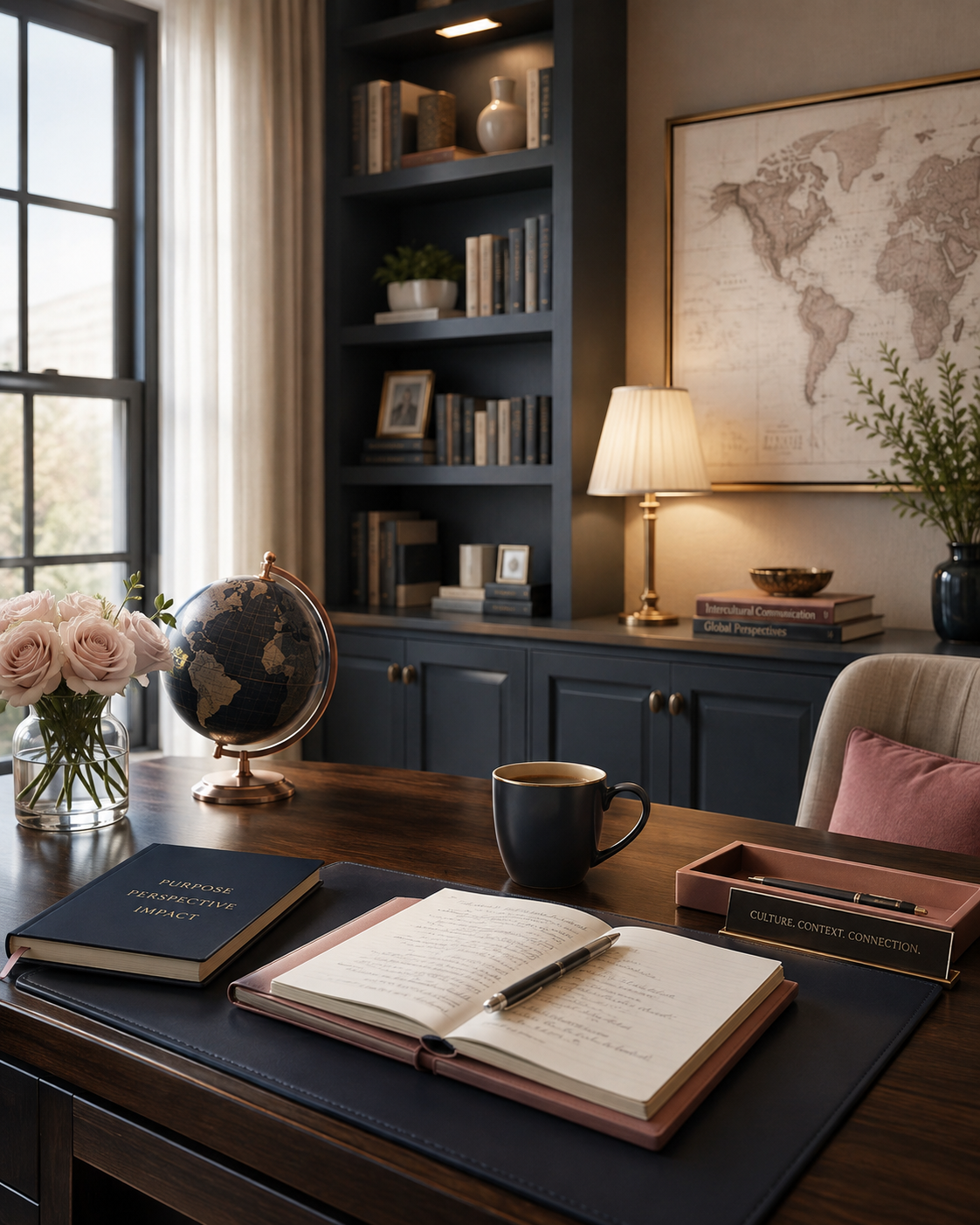 A cozy home office desk setup with a globe, a vase of pink roses, an open notebook, a coffee mug, and a pink tray with a pen. In the background, dark blue bookshelves with books, decor, and a framed world map.