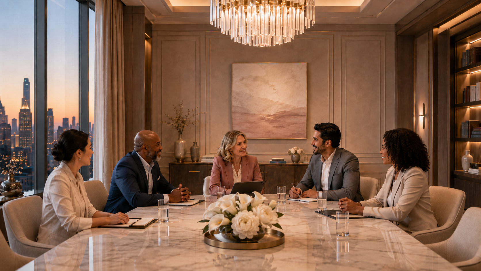 Business meeting in a modern conference room with six diverse professionals seated around a marble table, engaging in discussion, with city skyline visible through large windows at sunset.