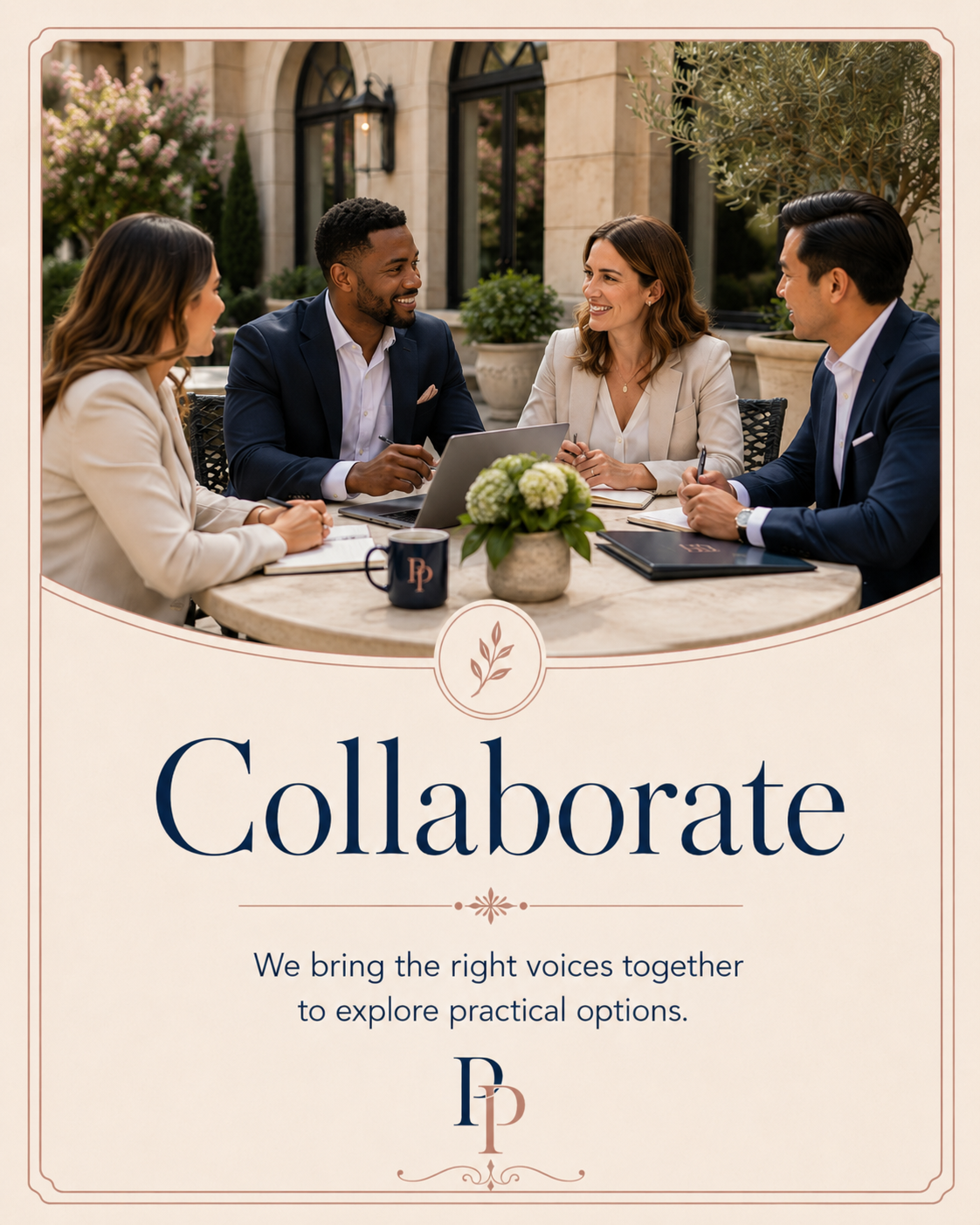A group of four diverse professionals sitting around a table outdoors, engaging in a discussion, with a laptop, notebooks, and a flower arrangement on the table, suggesting a collaborative meeting.