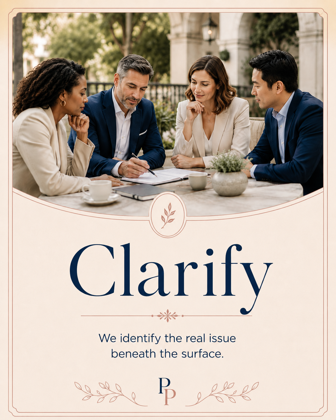 A group of four professionals sitting at an outdoor table, engaged in a discussion with documents and a pen. They are dressed in business attire, with cups and a potted plant on the table. The background shows a building with arches and greenery.
