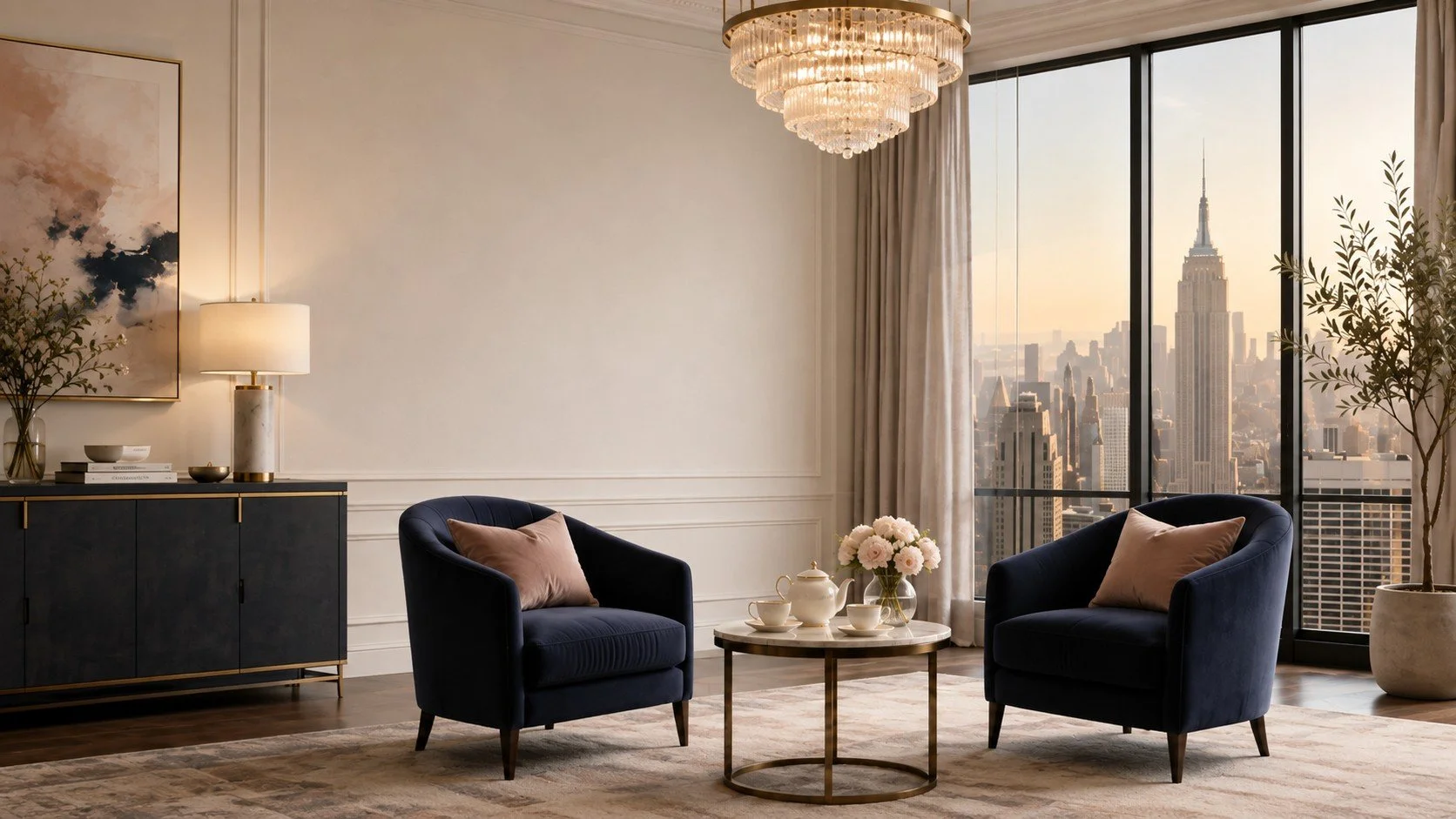 Modern living room with large windows overlooking a city, two navy armchairs, round table with flowers, chandelier, sideboard, and artwork.board with lamp and aartwork.