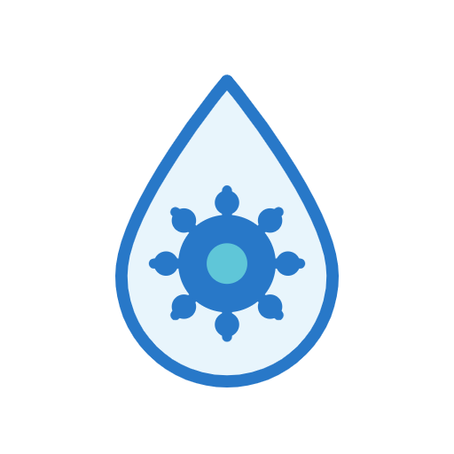 Blue droplet icon with a central circle and surrounding smaller circles.