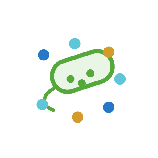 Illustration of a green bacteria or germ surrounded by small colored circles in blue, light blue, and orange.