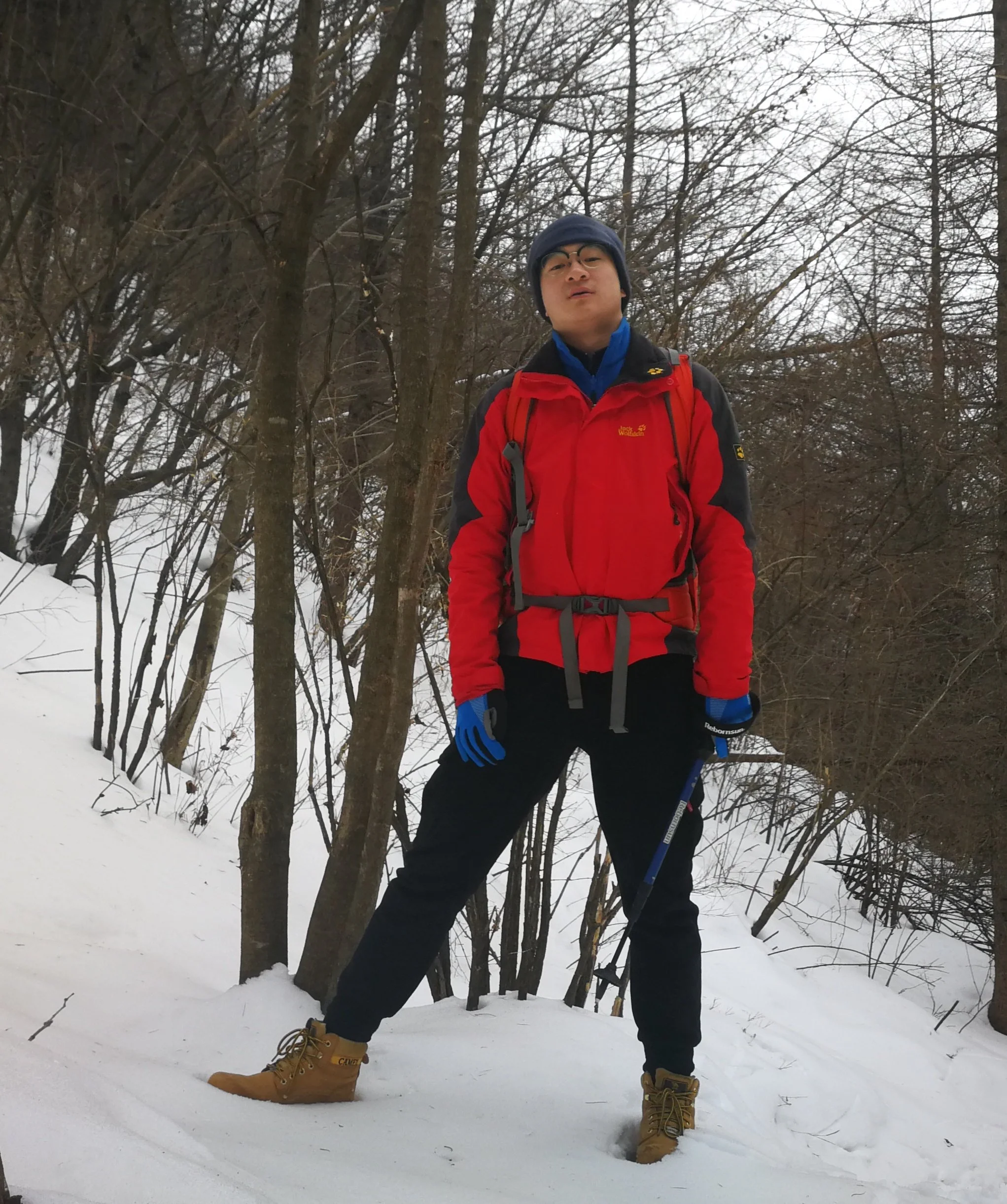A person standing in the snow with trees in the background, wearing a red jacket, black pants, brown boots, a blue beanie, glasses, and holding a walking stick.