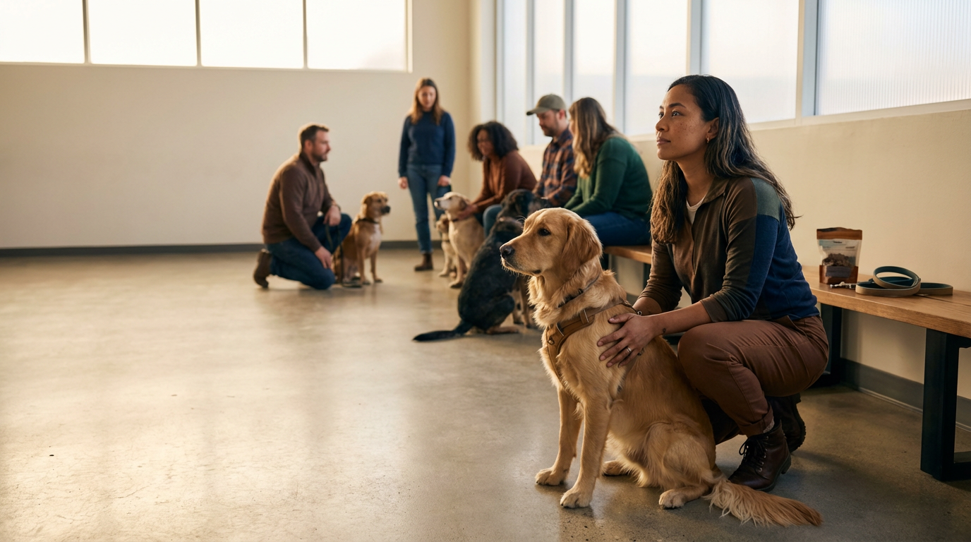 People attending a dog training or therapy class with their dogs in a large, well-lit room. Some individuals are seated on a bench, while others are kneeling beside their dogs.