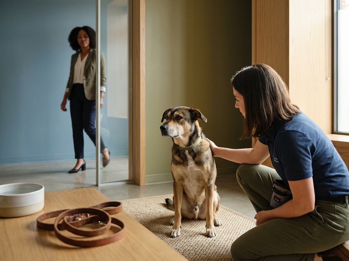 A woman kneeling on the floor petting a seated dog, with a woman walking in the background near a sliding door.