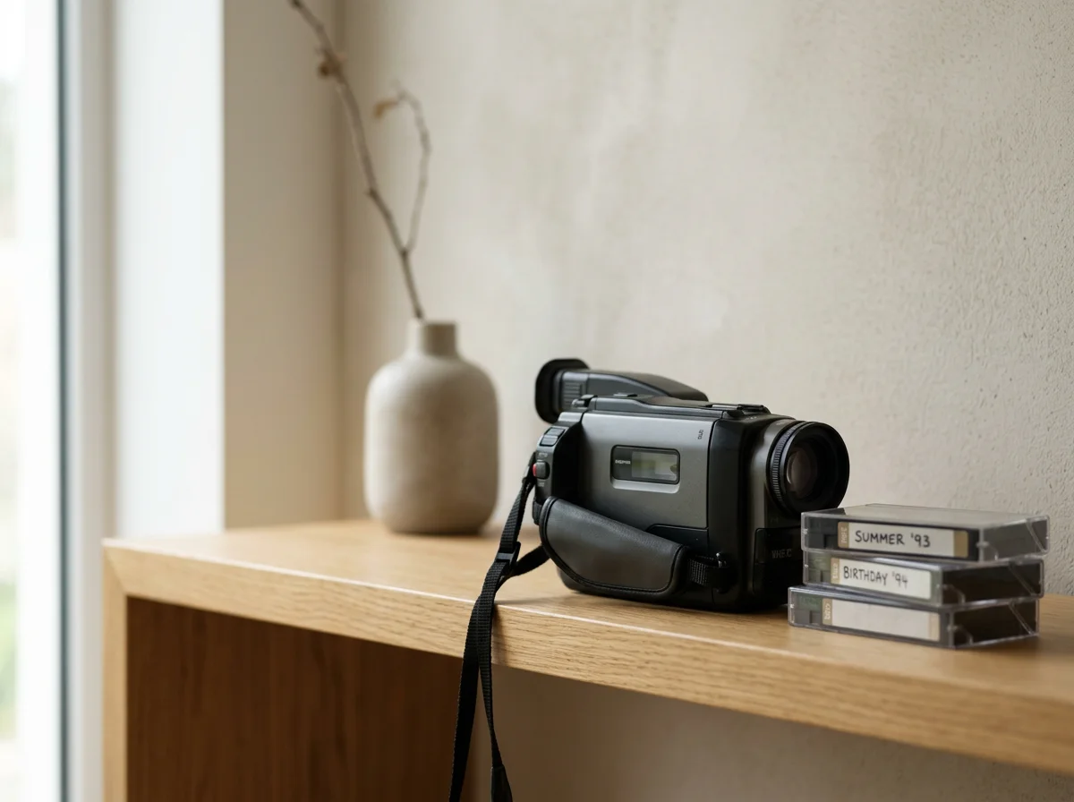 Caméscope vidéo noir posé sur une étagère en bois, avec une plante en pot beige à l'arrière et une boîte de cassette vidéo étiquetée avec des inscriptions telles que "SUMMER '93" et "BIRTHDAY '94".