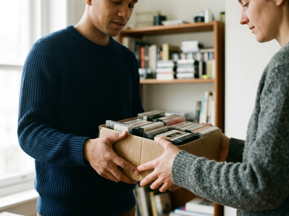 Deux personnes échangent une boîte contenant des cassettes audio dans une pièce avec bibliothèque.