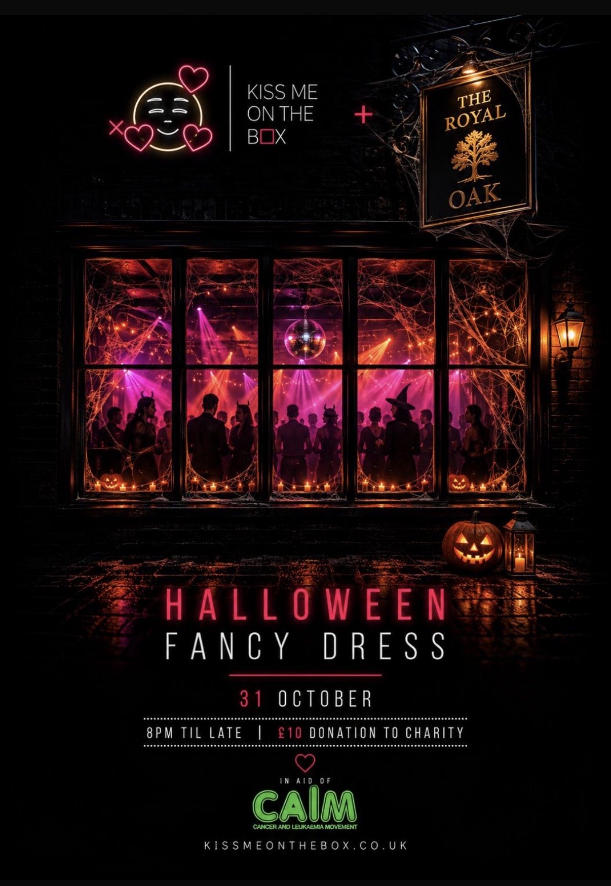 A Halloween party invitation featuring silhouettes of people in fancy costumes with devil horns, a decorated window with cobwebs and pumpkins, a disco ball, and colorful stage lights. Text indicates a Halloween fancy dress event on October 31st at 8 PM, with a £10 donation to charity for CALM, the campaign against leukemia.
