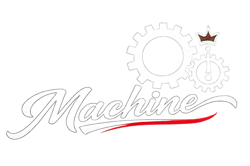 Stylized logo with gears, a crown, and the word 'Machine' in cursive script with a red underline.