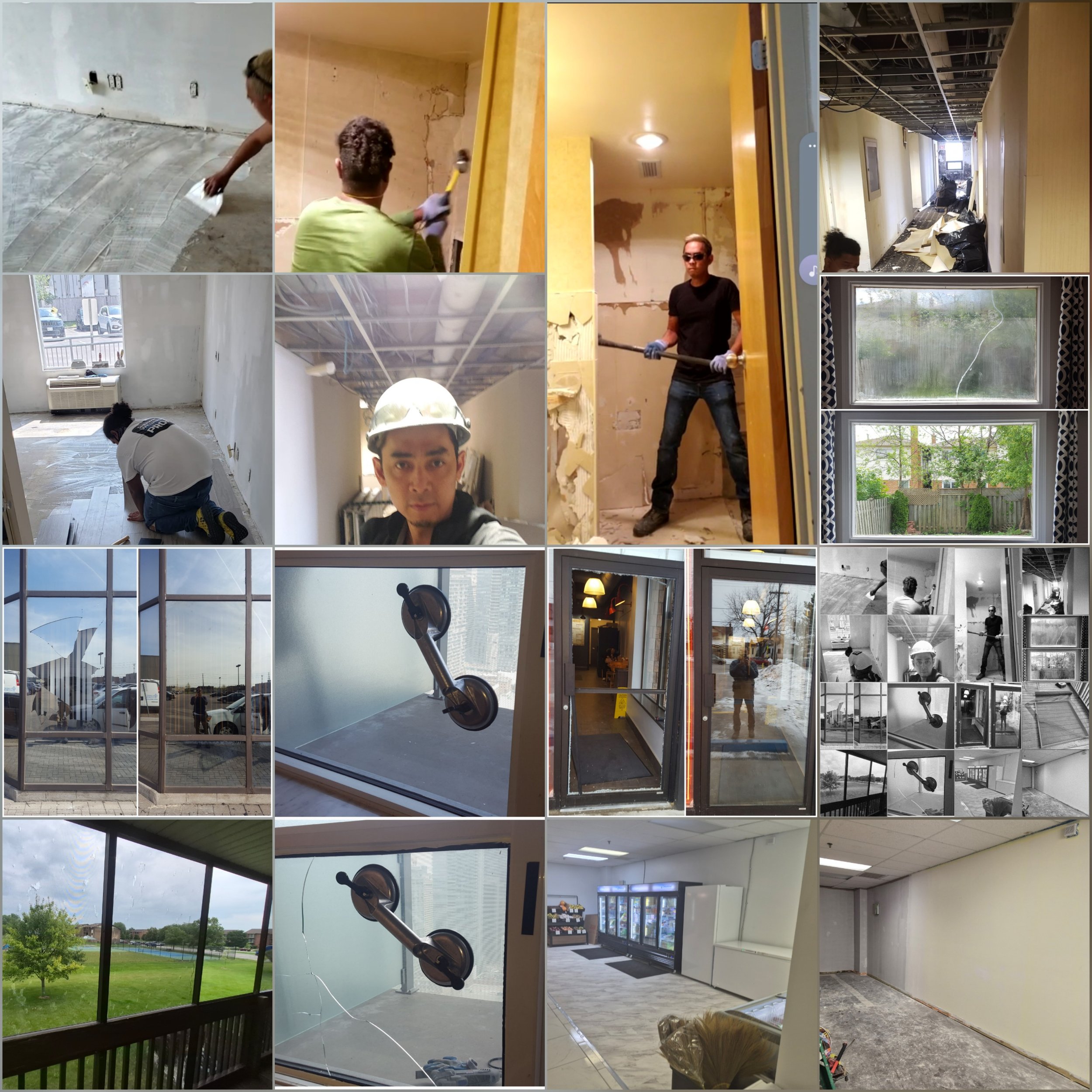 A collage of images showing different scenes of ongoing interior and exterior renovations. The photos include workers removing flooring, scraping paint, working on ceilings, painting walls, and cleaning up debris. There are also images of windows, a vending machine, and outdoor views of a grassy area and a parking lot.