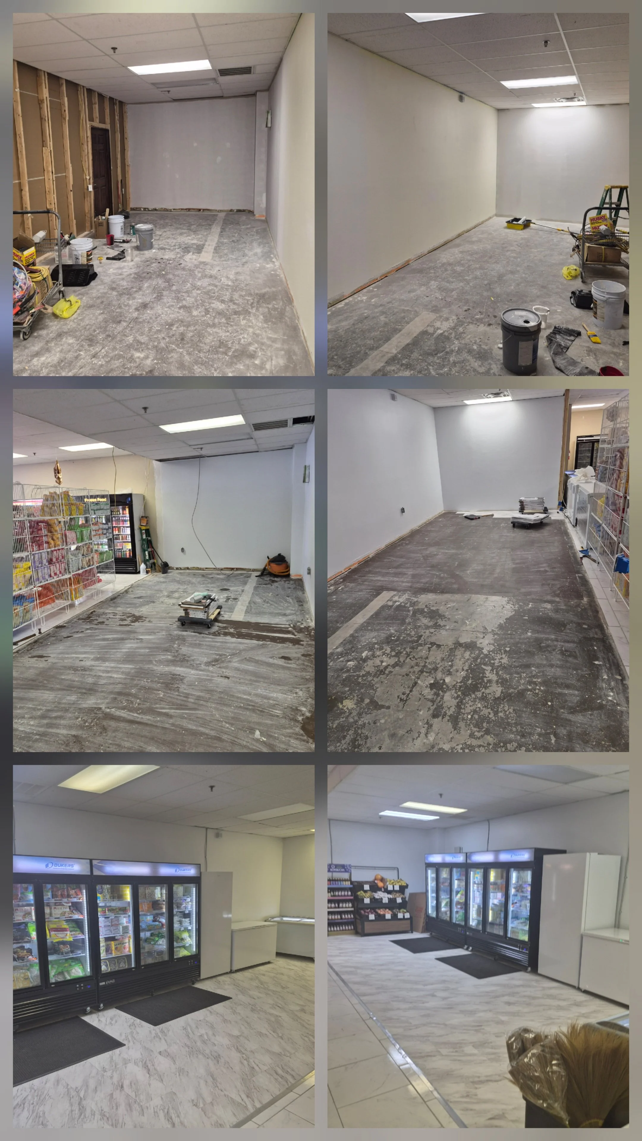A collage showing the transformation of a retail space. The top row depicts the space during renovation with unfinished walls, construction materials, and debris. The middle row shows progress with cleaned floors, some shelving, and equipment. The bottom row displays the completed store with clean, finished floors, refrigerated display cases, and product shelves, ready for customers.