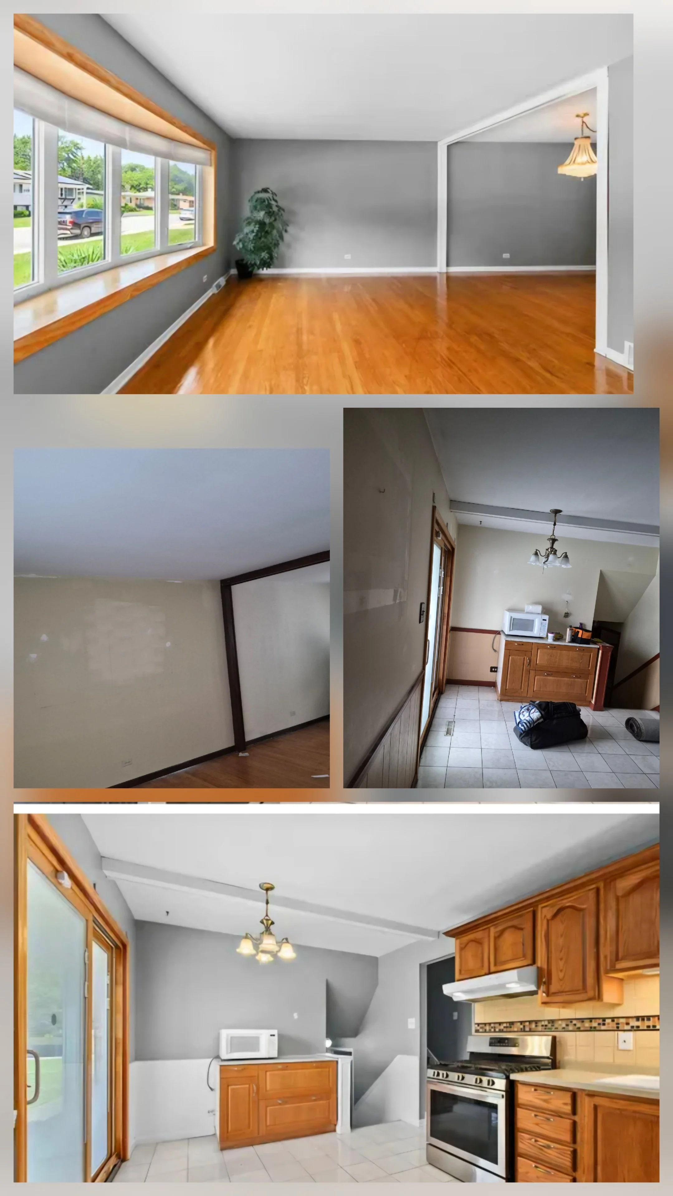 Collage of interior images showing a living room, empty walls, kitchen, and dining area with appliances and wooden cabinets.