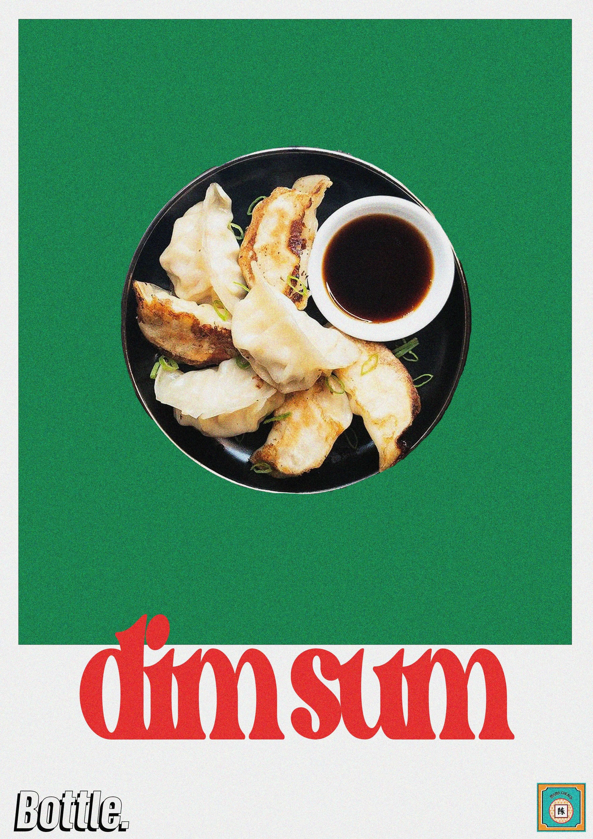 Top view of a black round plate containing four fried gyoza dumplings with chopped green onions and a small white bowl of soy sauce on a green background with red and white text.