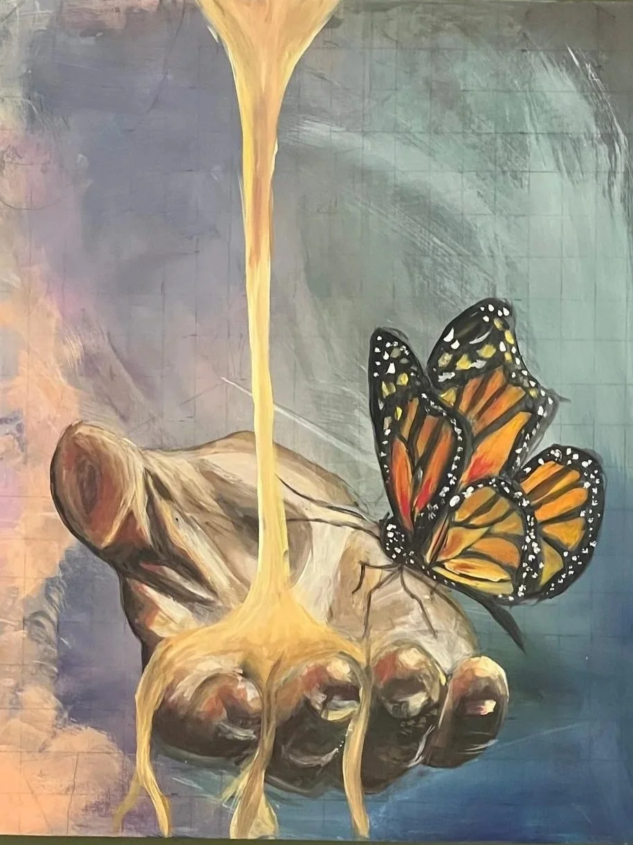 I began by painting a cocoon, then a butterfly emerging from it. The painting was transformed into an image of the butterfly landing on Jesus’ outstretched hand. It signifies the process of transformation, and the rest after that. 
