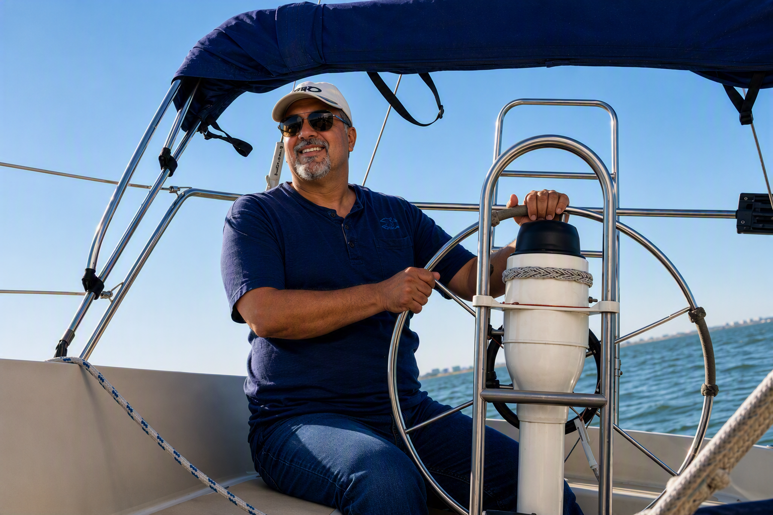 A smiling man wearing sunglasses, a baseball cap, and a navy blue shirt steering a sailboat under a clear blue sky.