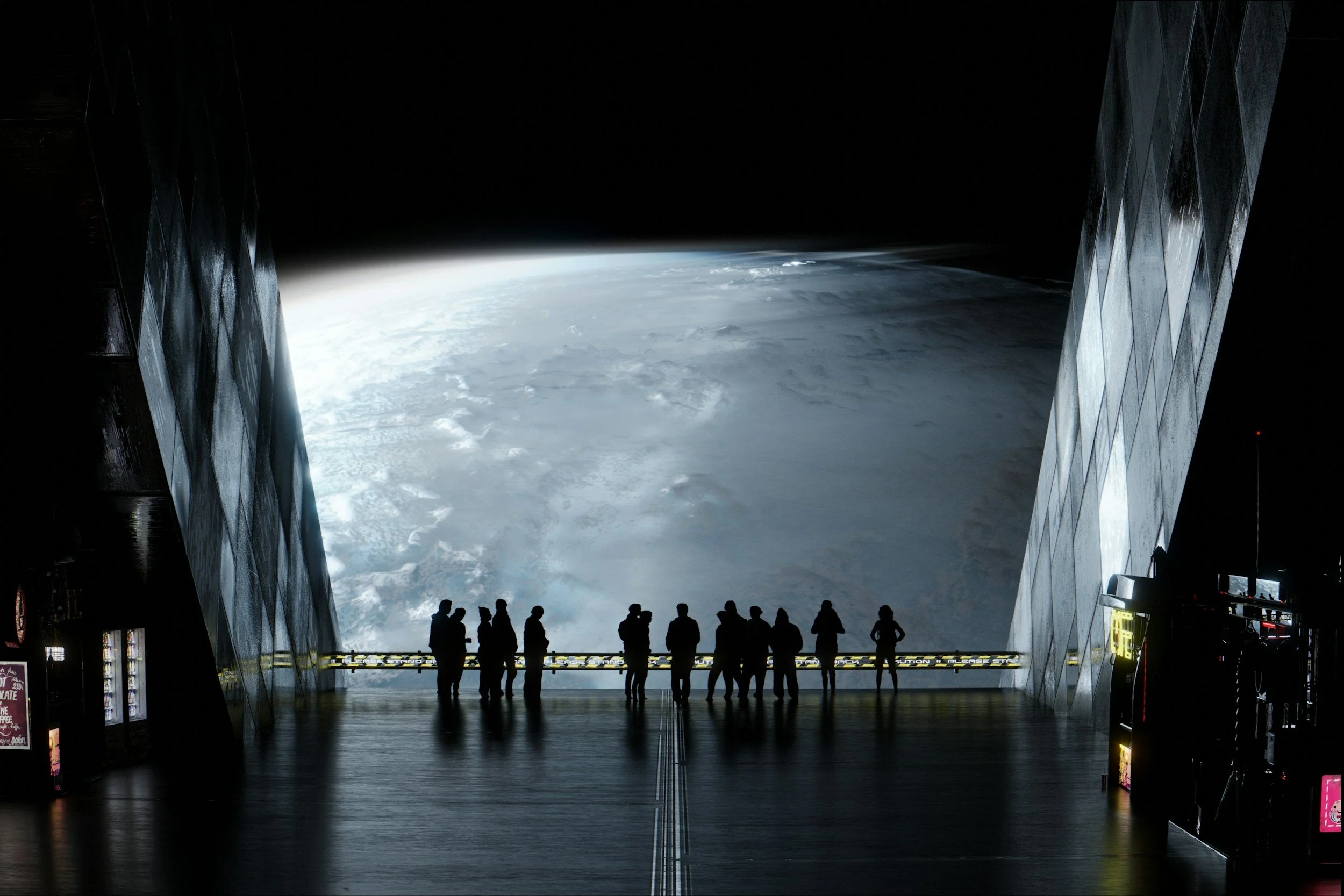 People silhouetted inside an starship observation deck, viewing Earth from space through a large viewport.