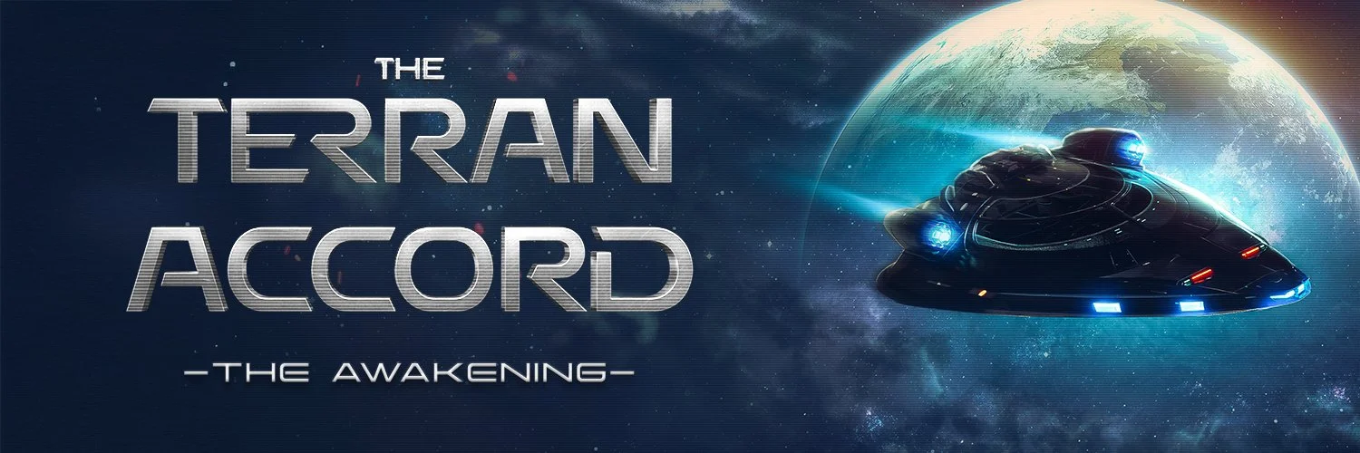 Futuristic spaceship flying in space near Earth with galaxy background, with text reading "The Terran Accord - The Awakening".