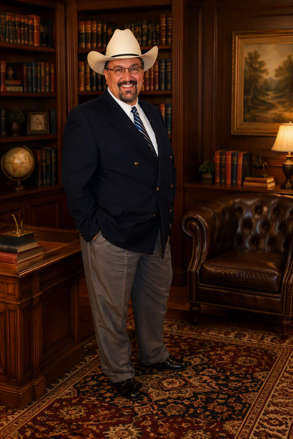 A man dressed in a suit with a white cowboy hat and glasses, standing in a wood-paneled library with bookshelves, a leather chair, and a framed landscape painting.