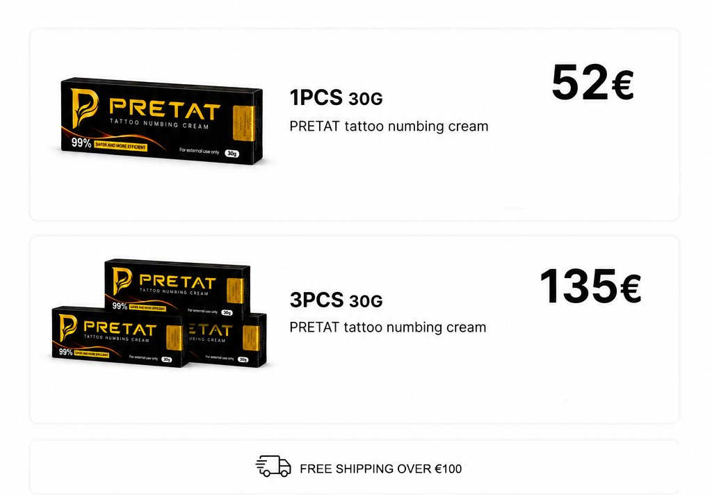 Advertisement for Pretat tattoo numbing cream, showing one box priced at 52 euros and three boxes priced at 135 euros, with free shipping on orders over 100 euros.