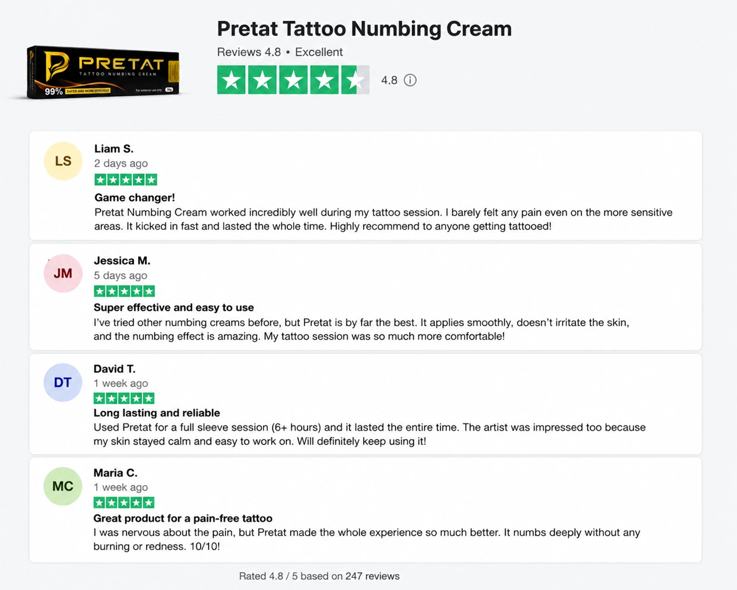 Screenshots of online reviews for Pretat Tattoo Numbing Cream with customer ratings, comments, and star reviews.