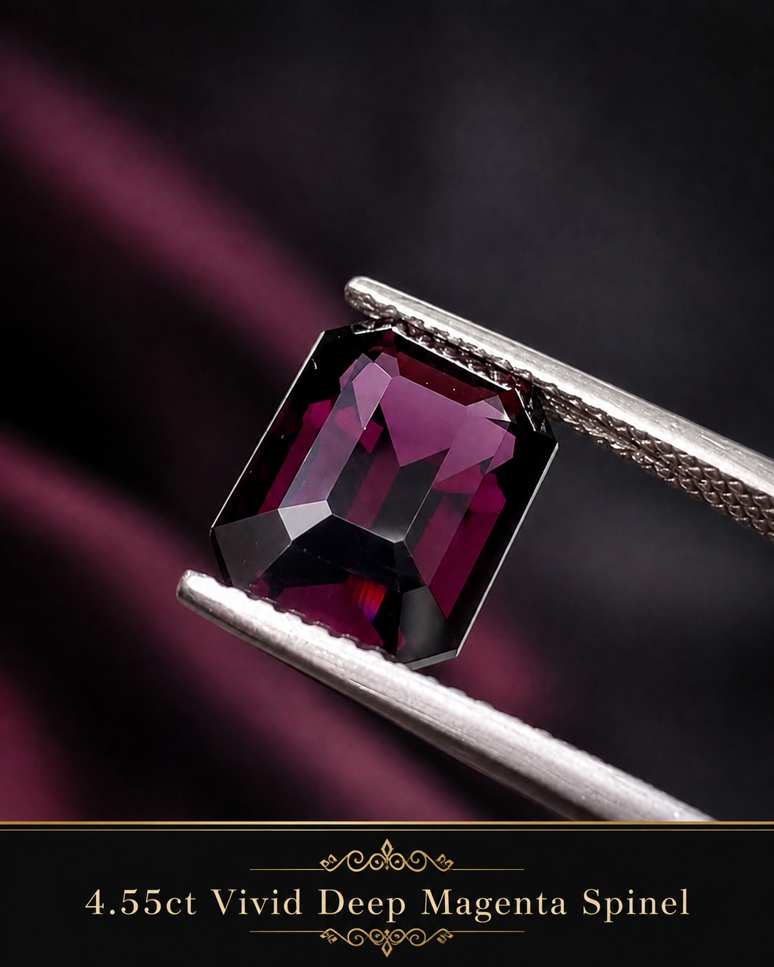 A close-up photo of a 4.55-carat vivid deep magenta spinel gemstone held in jewelry tweezers against a dark background.