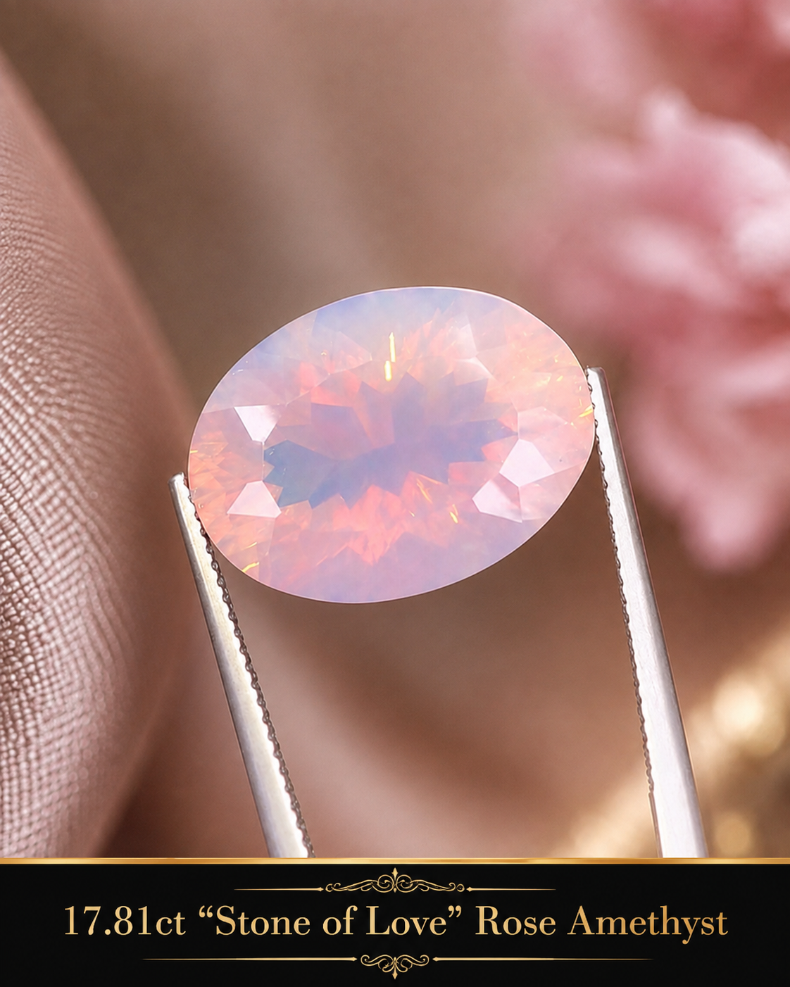 Close-up of a pinkish, faceted rose amethyst gemstone held by tweezers, with a person's lips and finger in the blurred background.