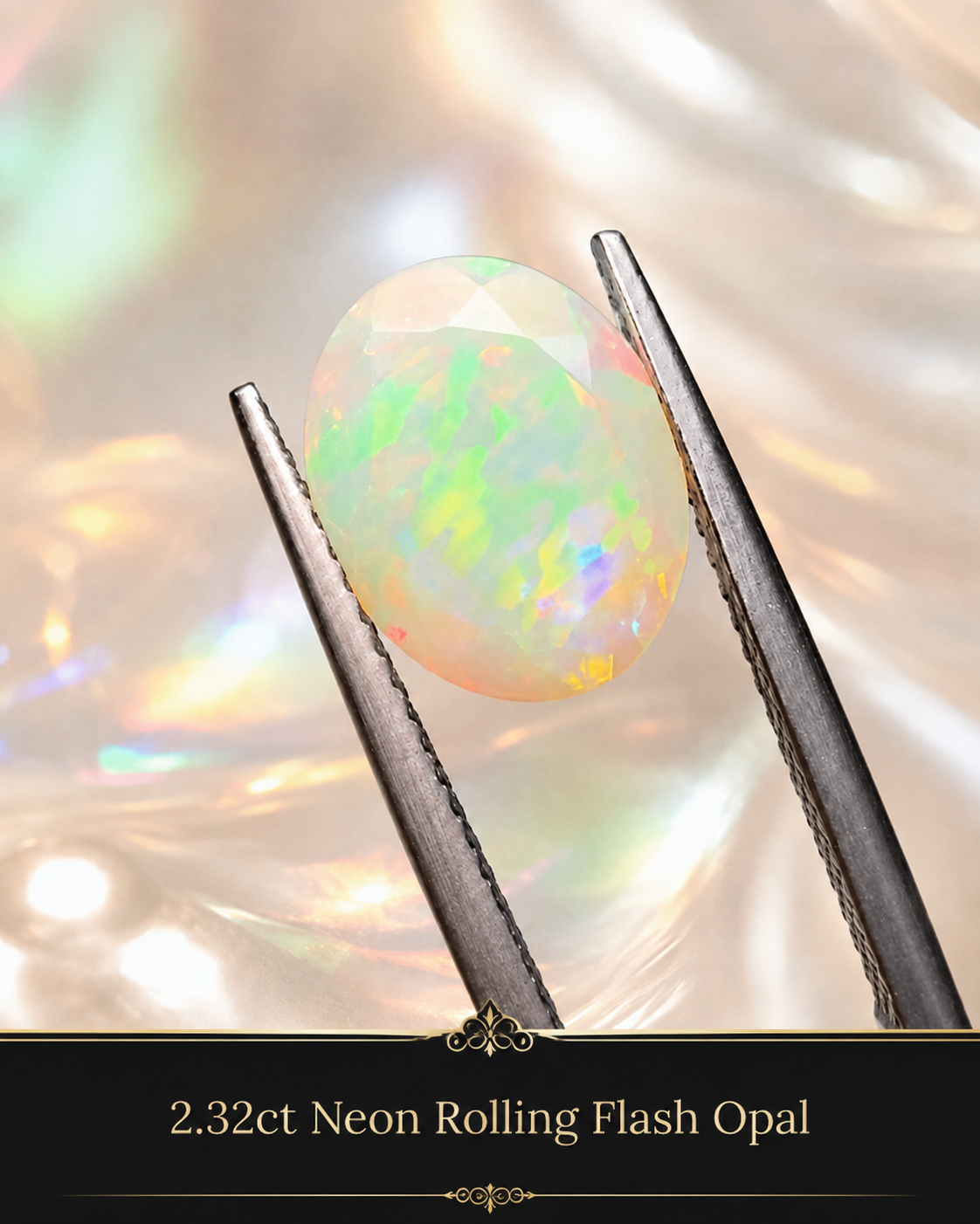 A 2.32 carat neon rolling flash opal gemstone held by tweezers, displaying vibrant rainbow colors and transparency.