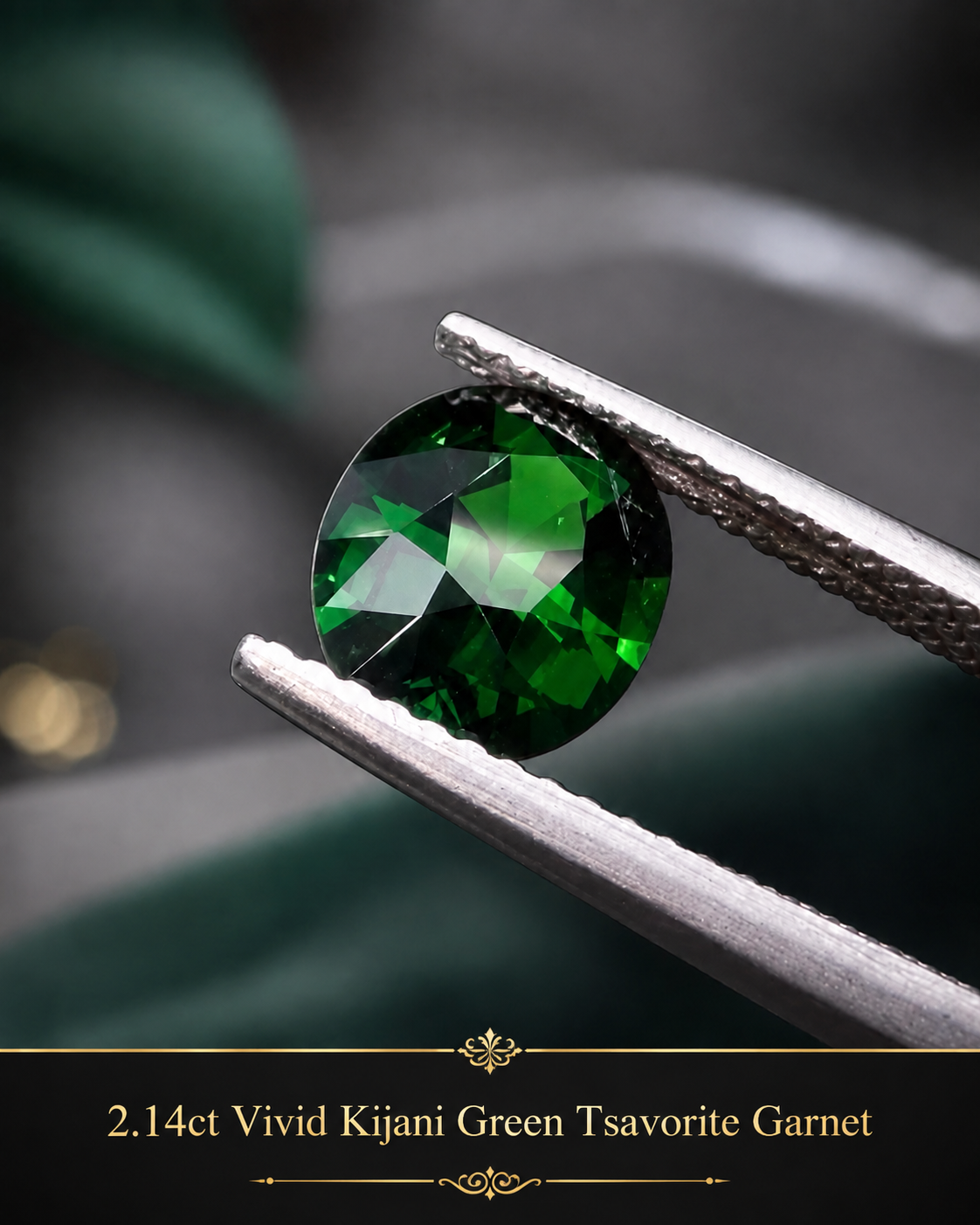 Close-up of a vibrant green Kijani tsavorite garnet gemstone held by tweezers with a dark blurred background.