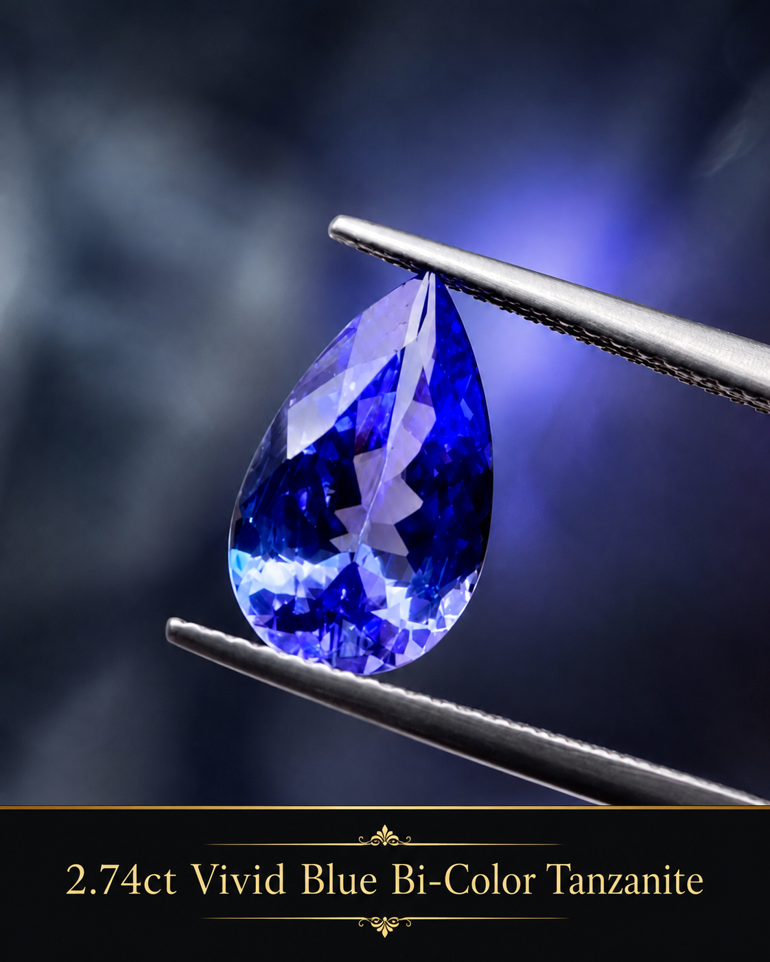 A photograph of a teardrop-shaped vivid blue bi-color tanzanite gemstone being held with metal tweezers, with a dark blurred background.