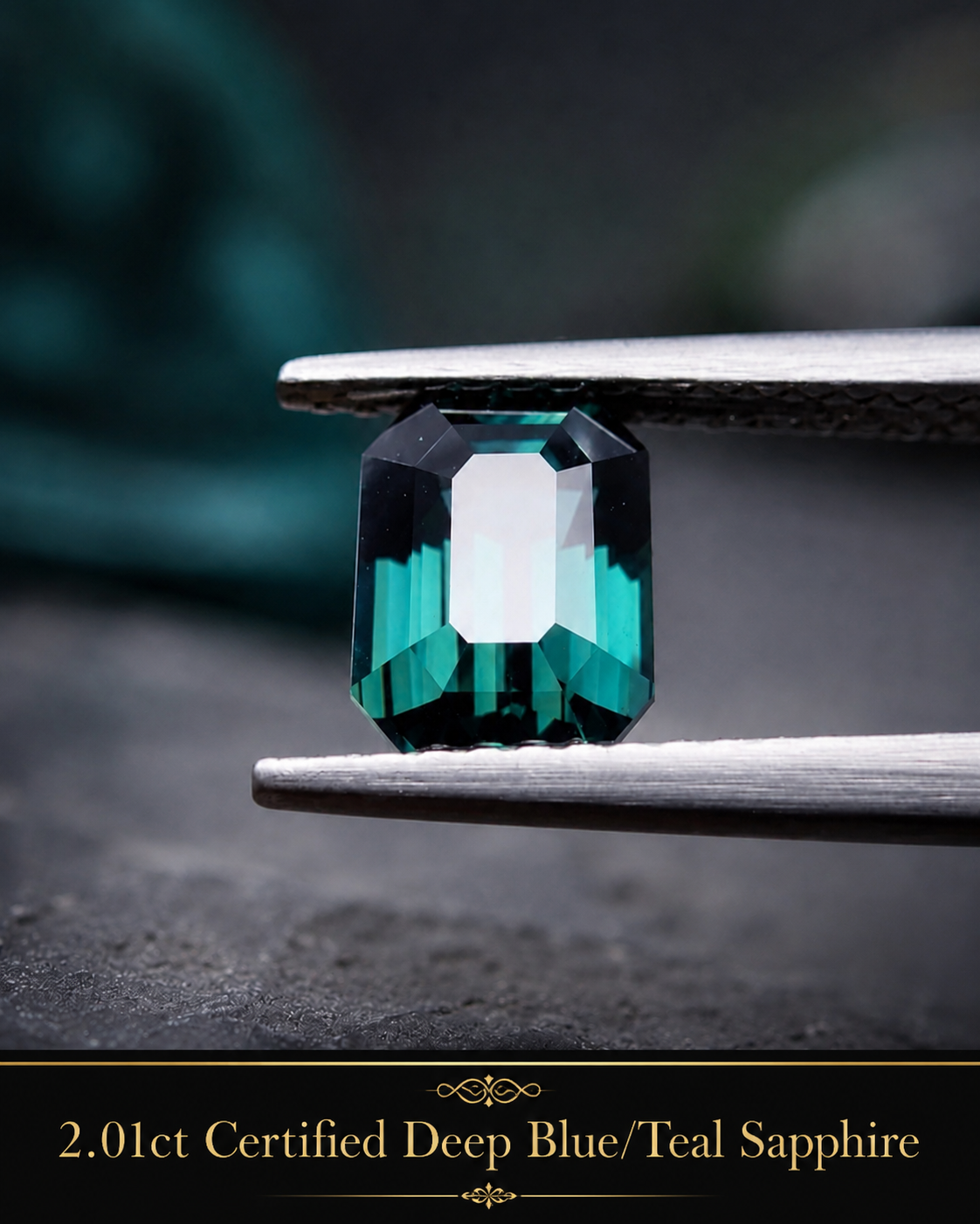 A 2.01 carat certified deep blue and teal sapphire gemstone held with tweezers.