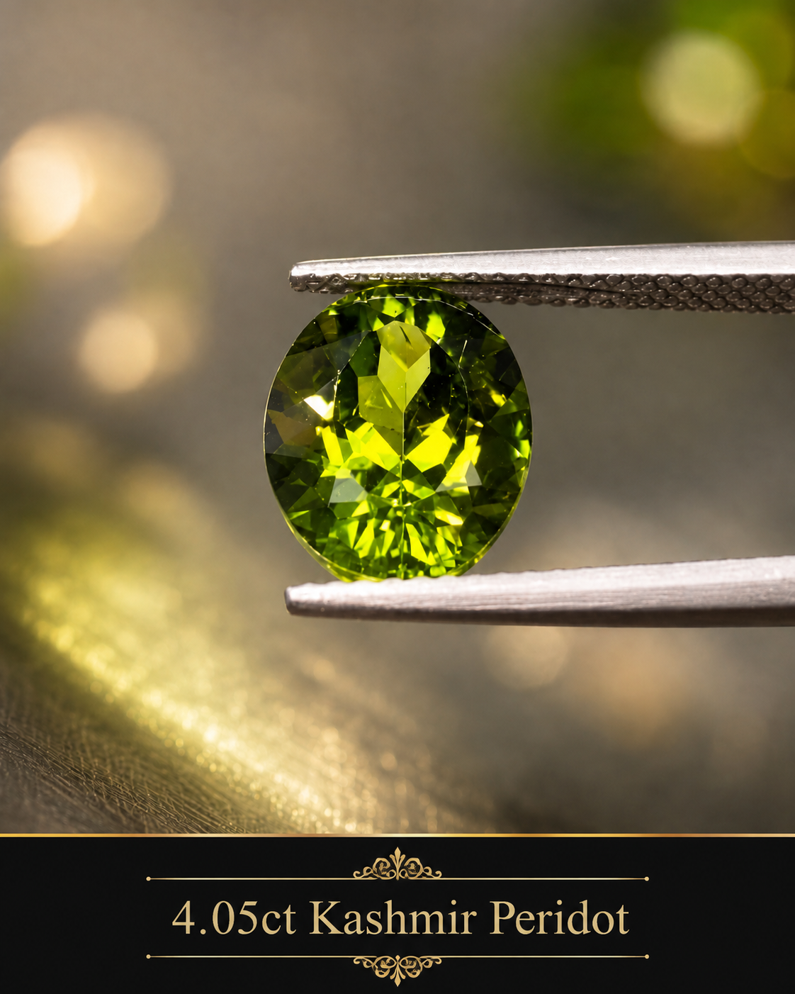 A bright, oval-shaped green Kashmir Peridot gemstone held by metallic tweezers against a blurred background.