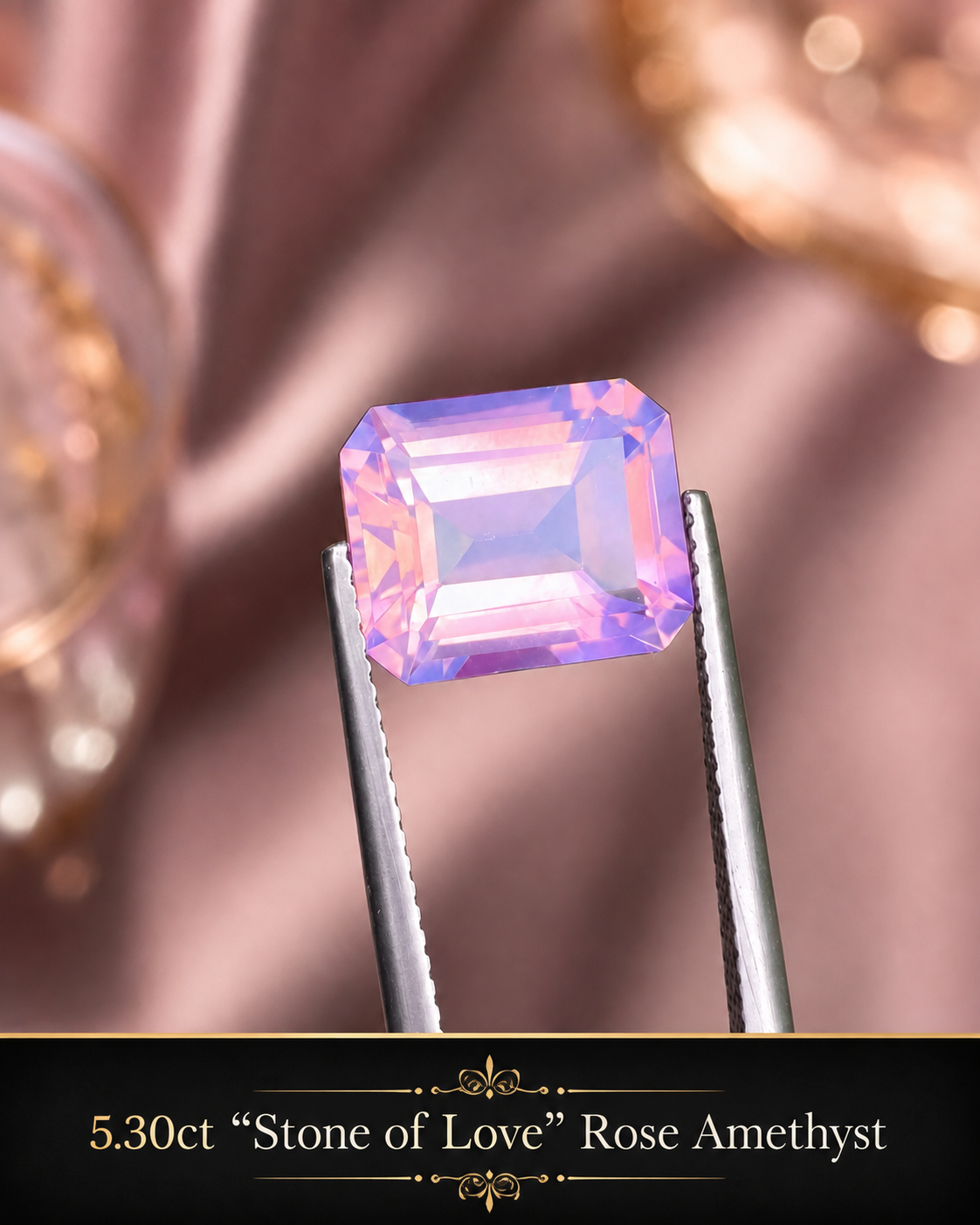 Close-up of a 5.30-carat pink rose amethyst gemstone held with tweezers, with a blurry background and a label indicating its name and weight.